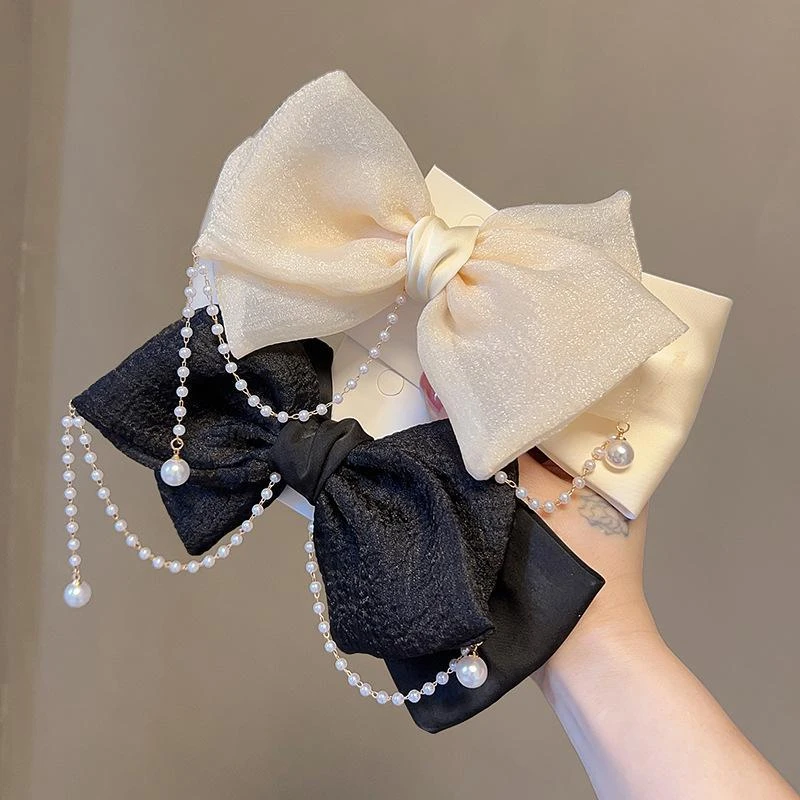 新款流苏仿珍珠蝴蝶结发饰气质大号发夹女弹簧夹马尾后脑勺发饰