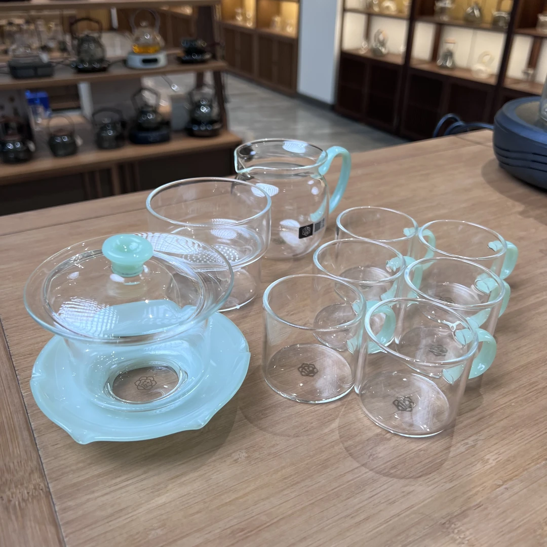 璃花堂玉质盖碗公道杯激光茶漏加小杯子套装