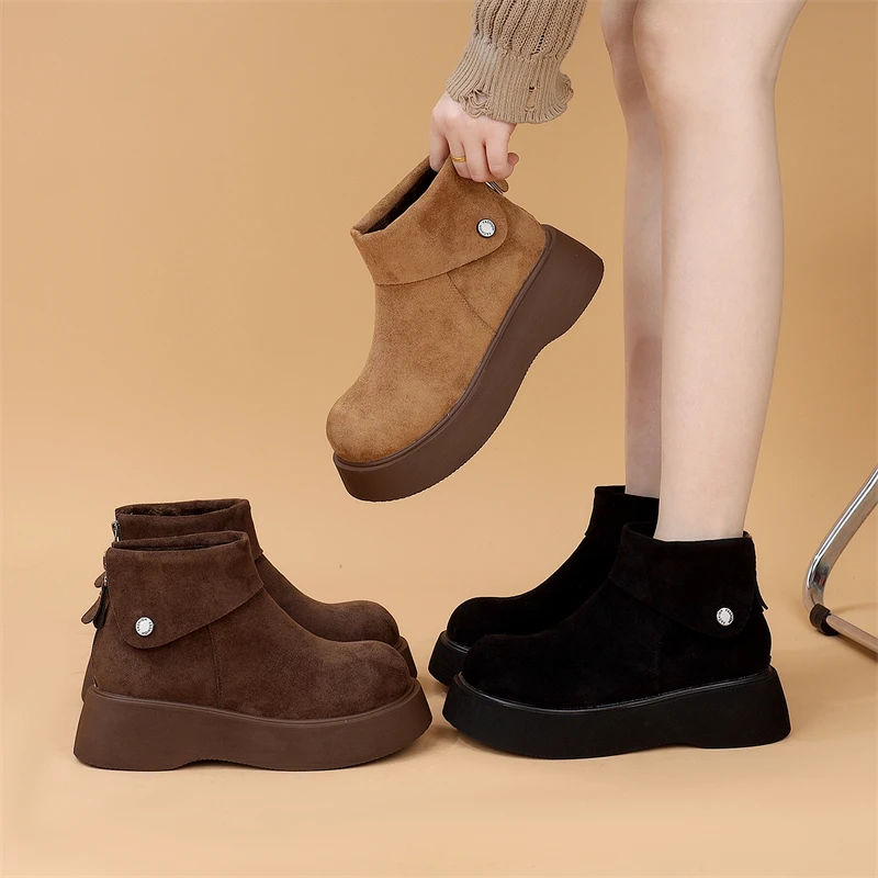 复古绒面圆头保暖增高厚底2024冬季新款雪地靴后拉链防寒加绒短靴