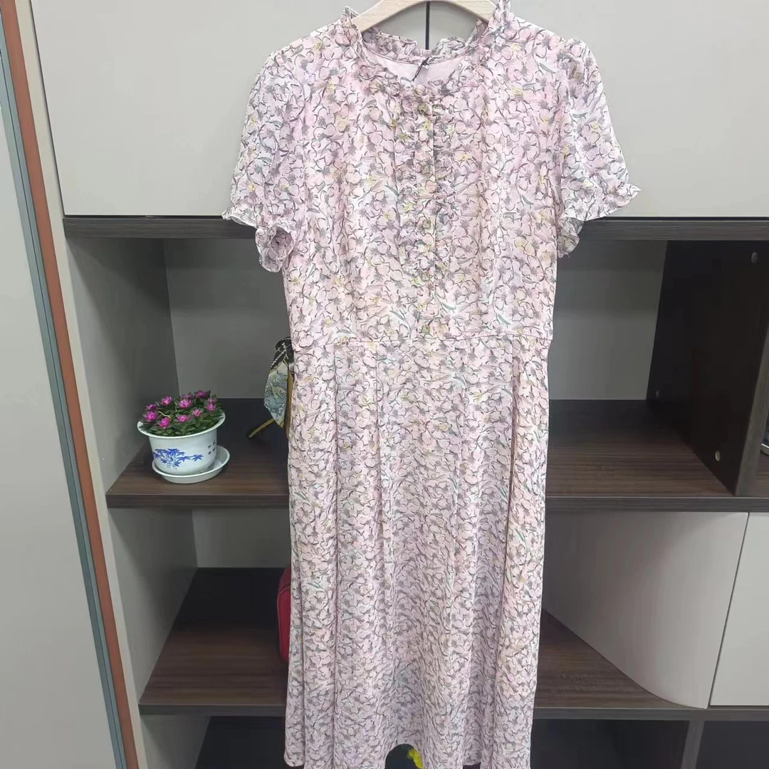 T213木耳边碎花连衣裙女夏季2023新款温柔风圆领收腰短袖裙子