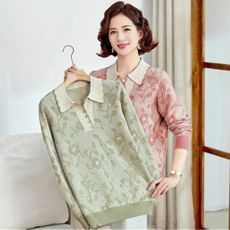 秋季时尚洋气宽松翻领提花长袖休闲打底针织衫24129