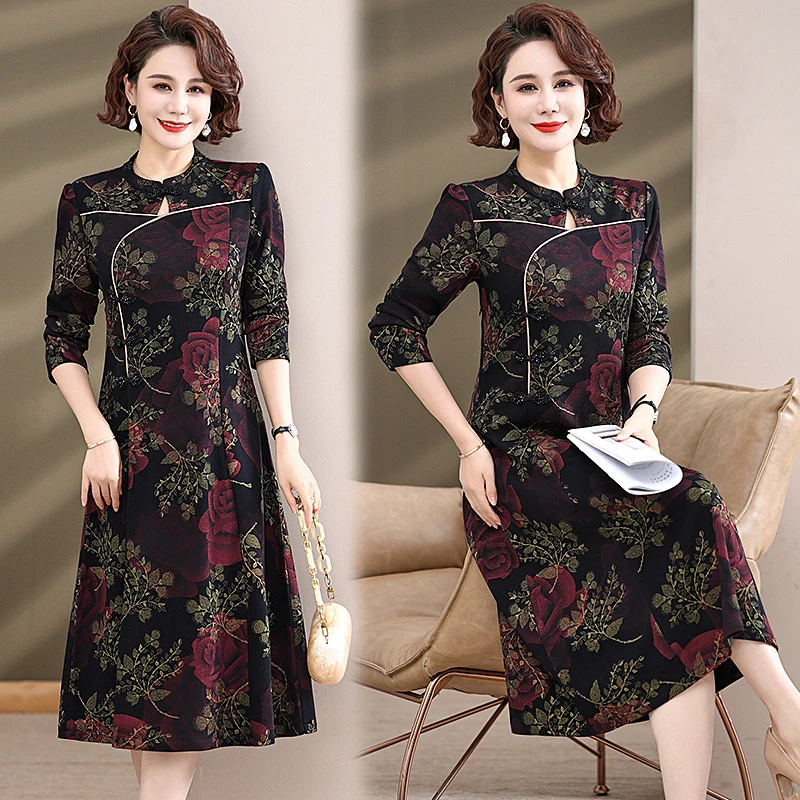秋季妈妈装气质长袖中年复古时尚过膝修身显瘦连衣裙中长款9360