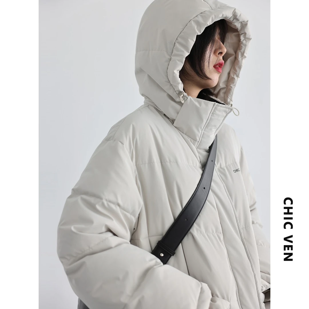 CHIC VEN官方简约工装撞色领可拆卸连帽90白鸭绒羽绒服122DW12057