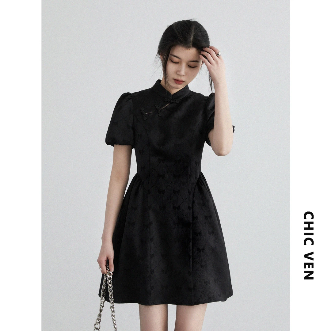 CHIC VEN官方春新款新中式仿醋酸蝴蝶结泡泡短袖连衣裙124CQ00314