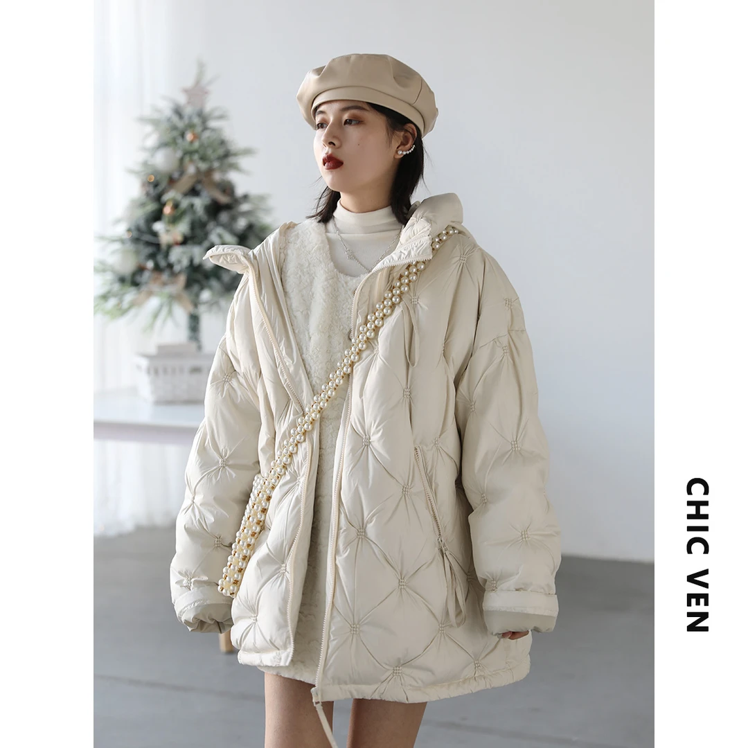 CHIC VEN官方菱格绣花双拉链连帽90白鸭绒羽绒服外套女921DW13248