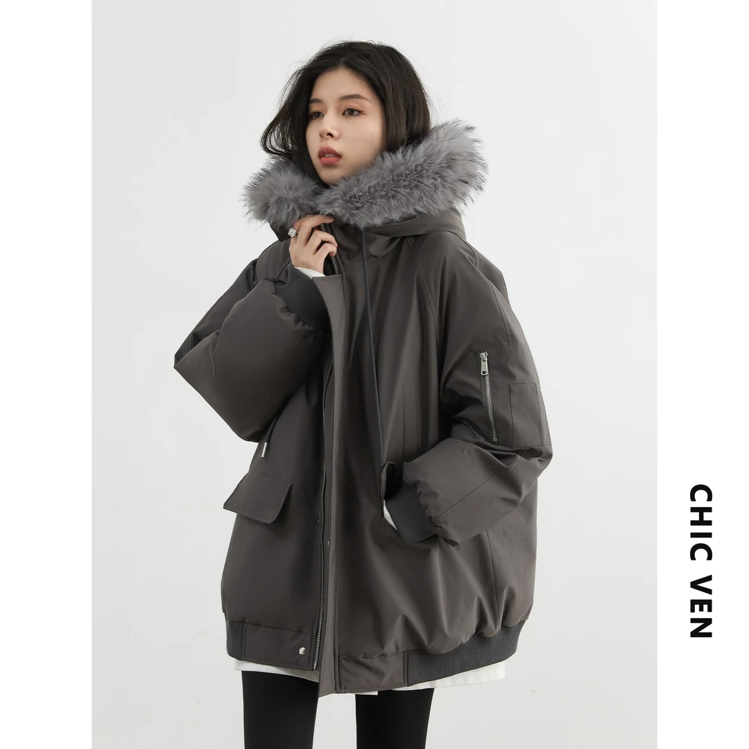 CHIC VEN冬季新款宽松连帽拼接毛领工装夹克棉服外套124DW40752