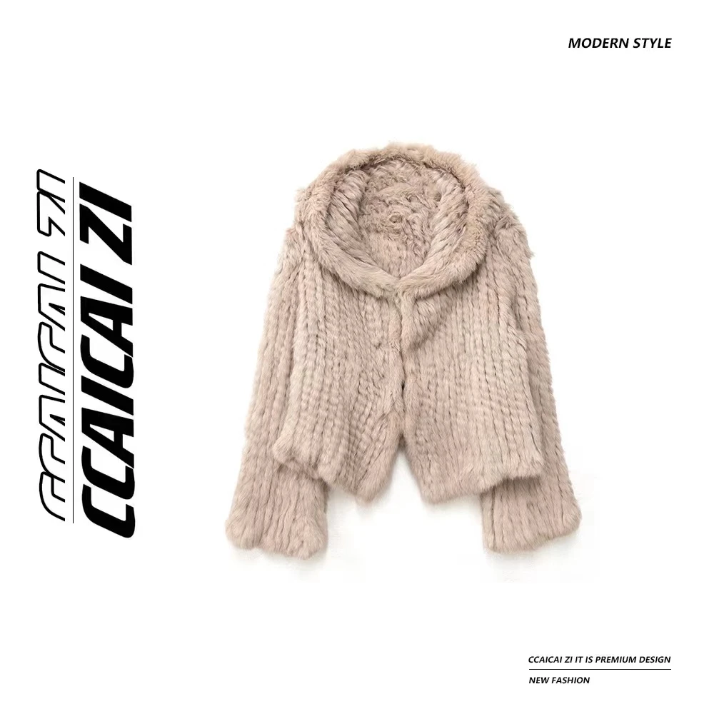 【加倍温暖】双面编织兔毛连帽外套  有3个暗扣