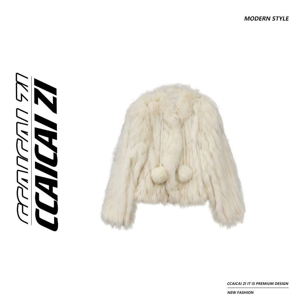 CCA176【糯米团子】车条狐狸毛立领晕染雪球毛毛外套  有扣子 有兜