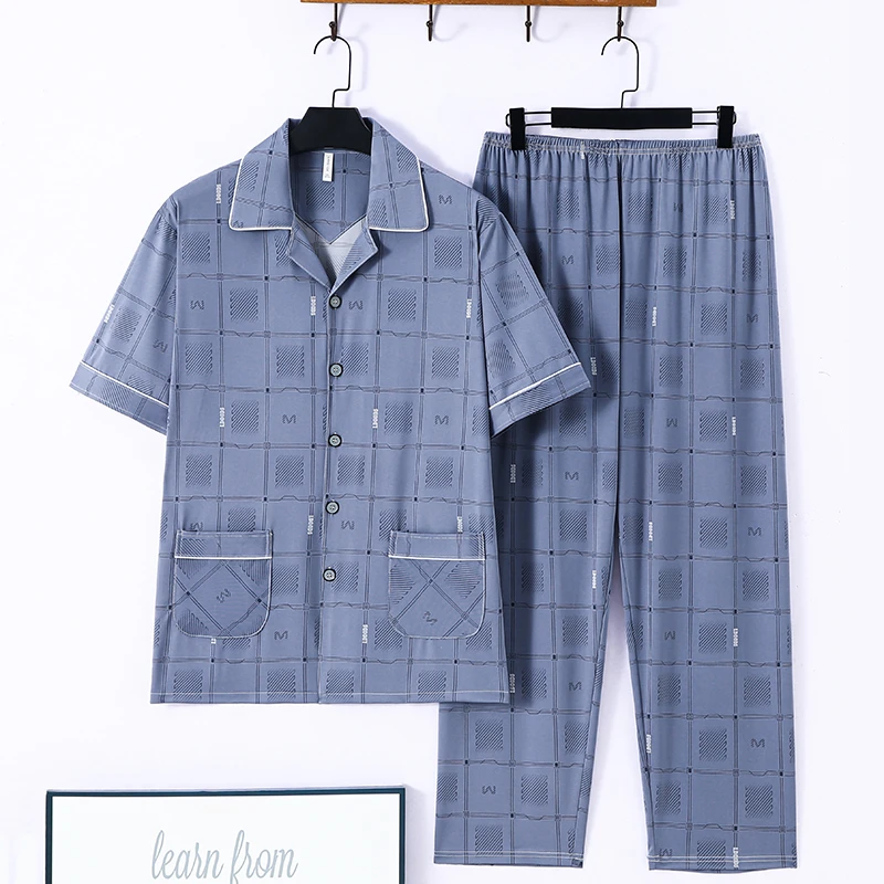 纯棉睡衣套装夏季男士薄款短袖长裤家居服开衫翻领全棉大码爸爸装