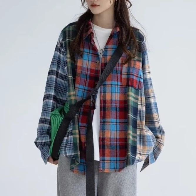 美式复古格子衬衫男女长袖秋季休闲痞帅设计感拼接衬衣长袖外套