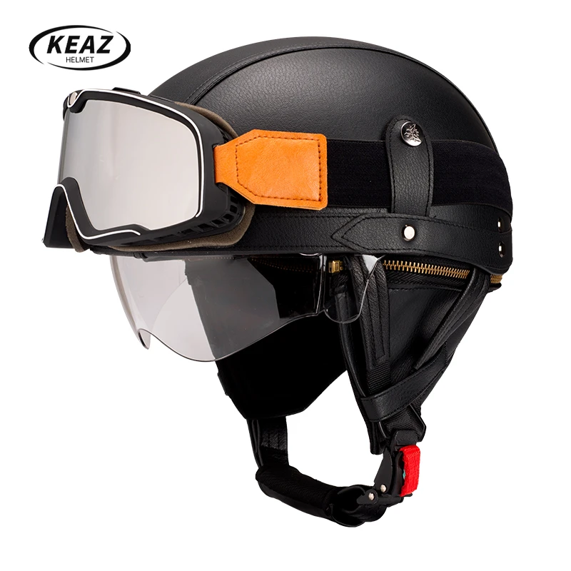 摩托车头盔男女式复古半盔皮踏板机车瓢盔电动车秋冬通用安全帽