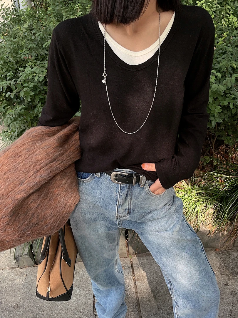 【软糯假两件长袖U领T恤打底衫】女气质内搭秋冬垂感u领打底衫百搭