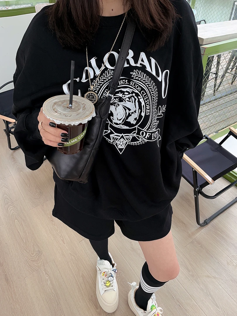 ins风·休闲宽松长袖印花长T➕松紧腰阔腿短裤套装卫衣