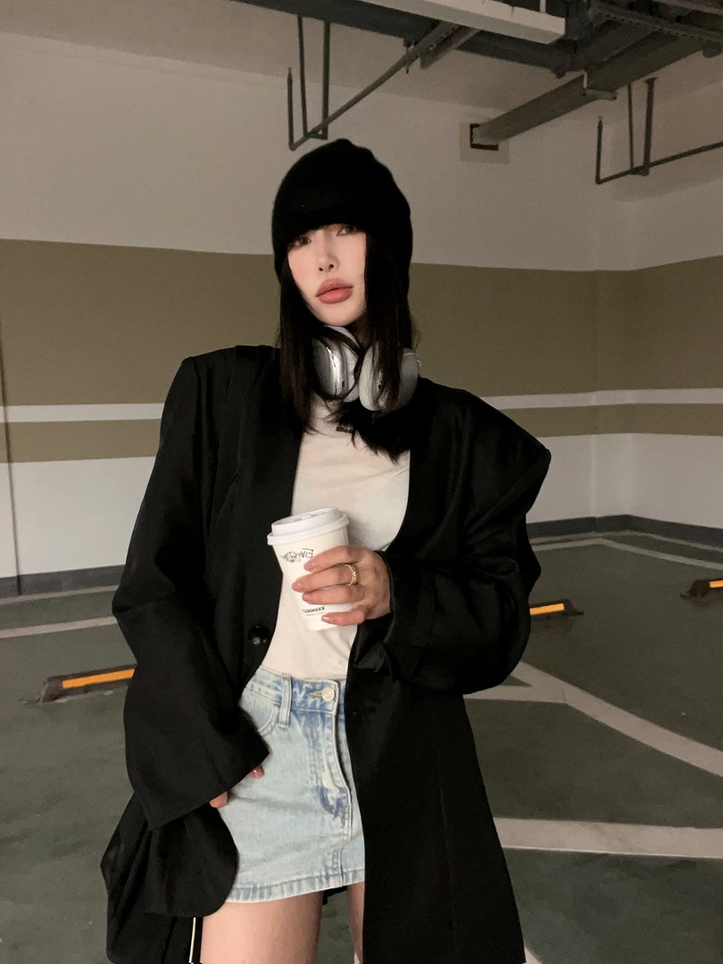 小众设计感口袋三角休闲宽松垫肩西装外套 8225