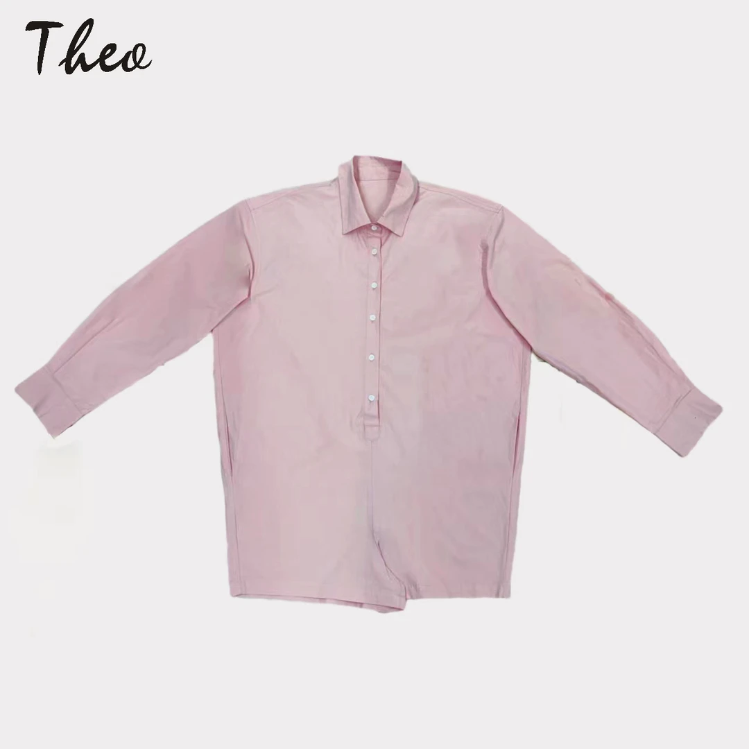 高腰垂坠感粉色一体式衬衫连体裤女夏季韩版女装休闲长袖纯色简约