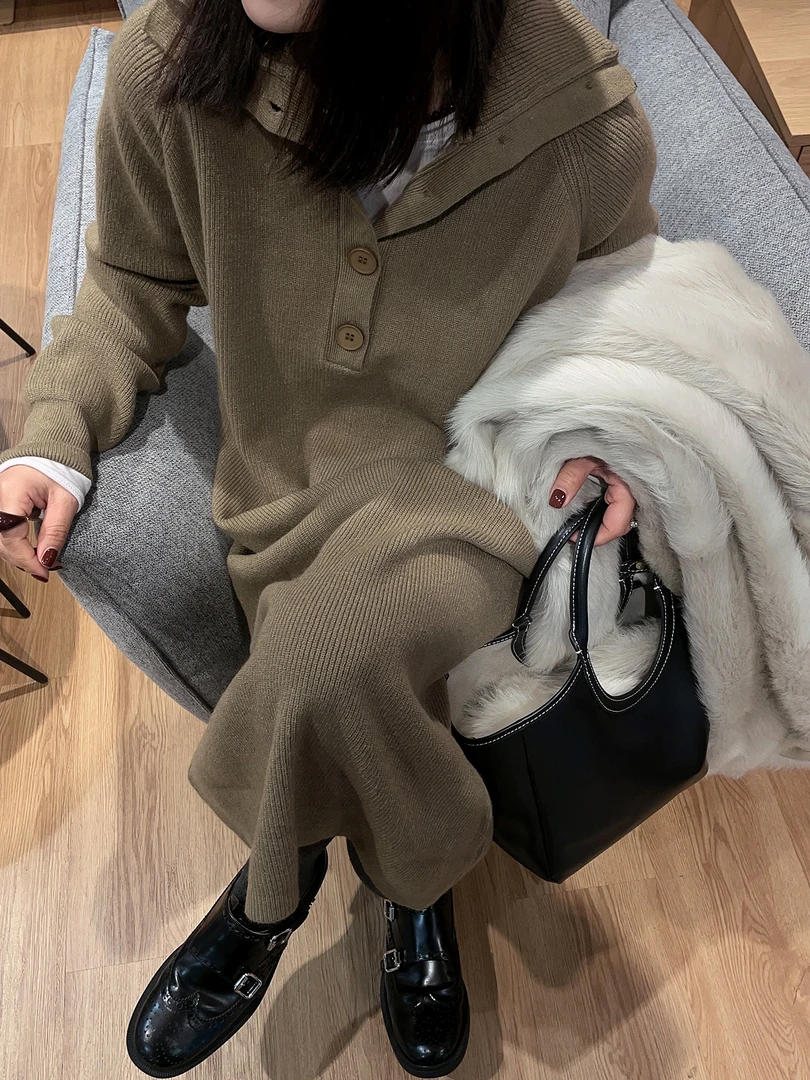 【POLO领针织连衣裙】女秋冬新款慵懒风宽松毛衣加厚翻领毛衣长裙
