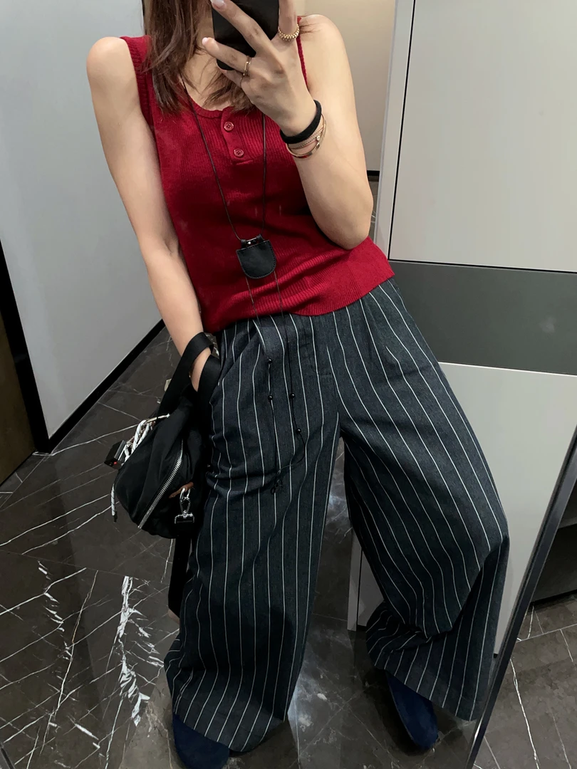 老钱风黑白竖条纹休闲裤 高腰显瘦直筒阔腿裤