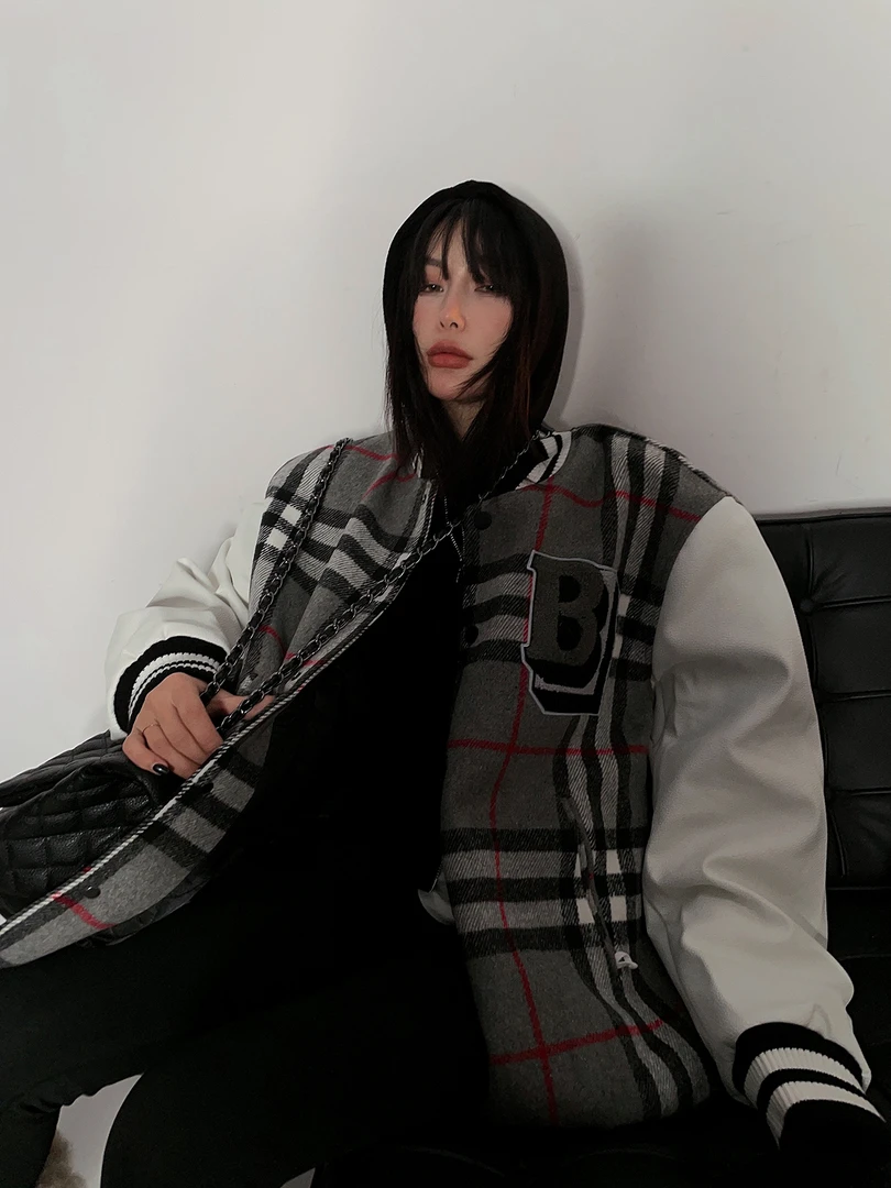 美式复古拼接皮袖·灰格子棒球夹克