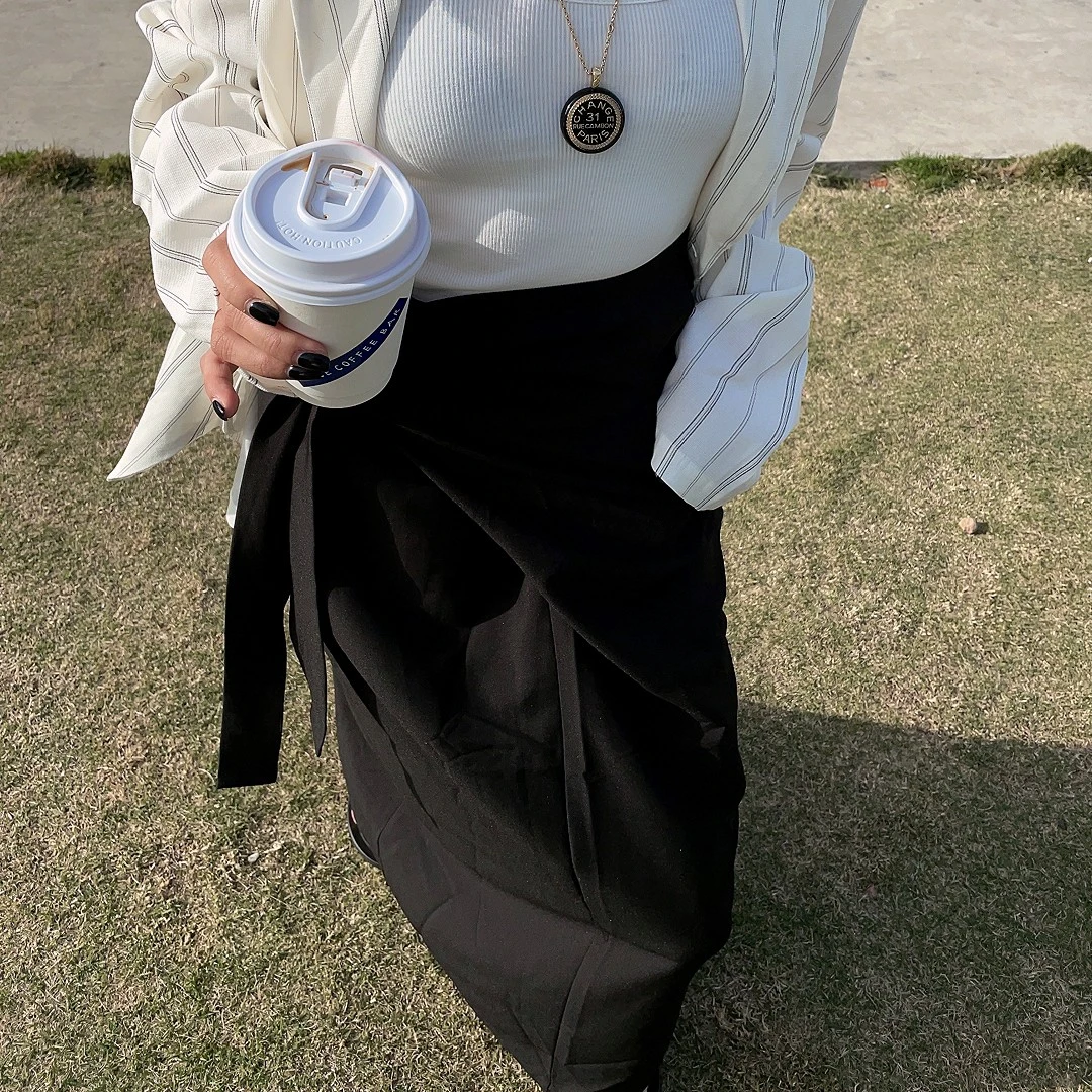 暗黑半身裙.半身裙女小众垂感松紧腰不规则休闲半身裙裙子