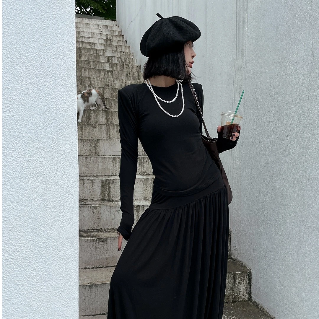 韩系气质修身T恤上衣套装女+高腰宽松半身裙两件套不规则百搭长袖