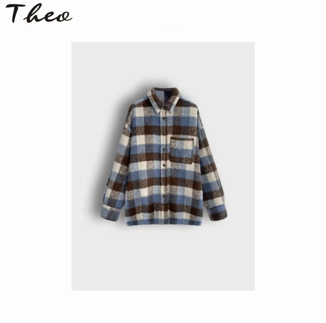 【撞色格纹毛呢衬衫外套】女秋冬季美式复古宽松中长款慵懒风格子