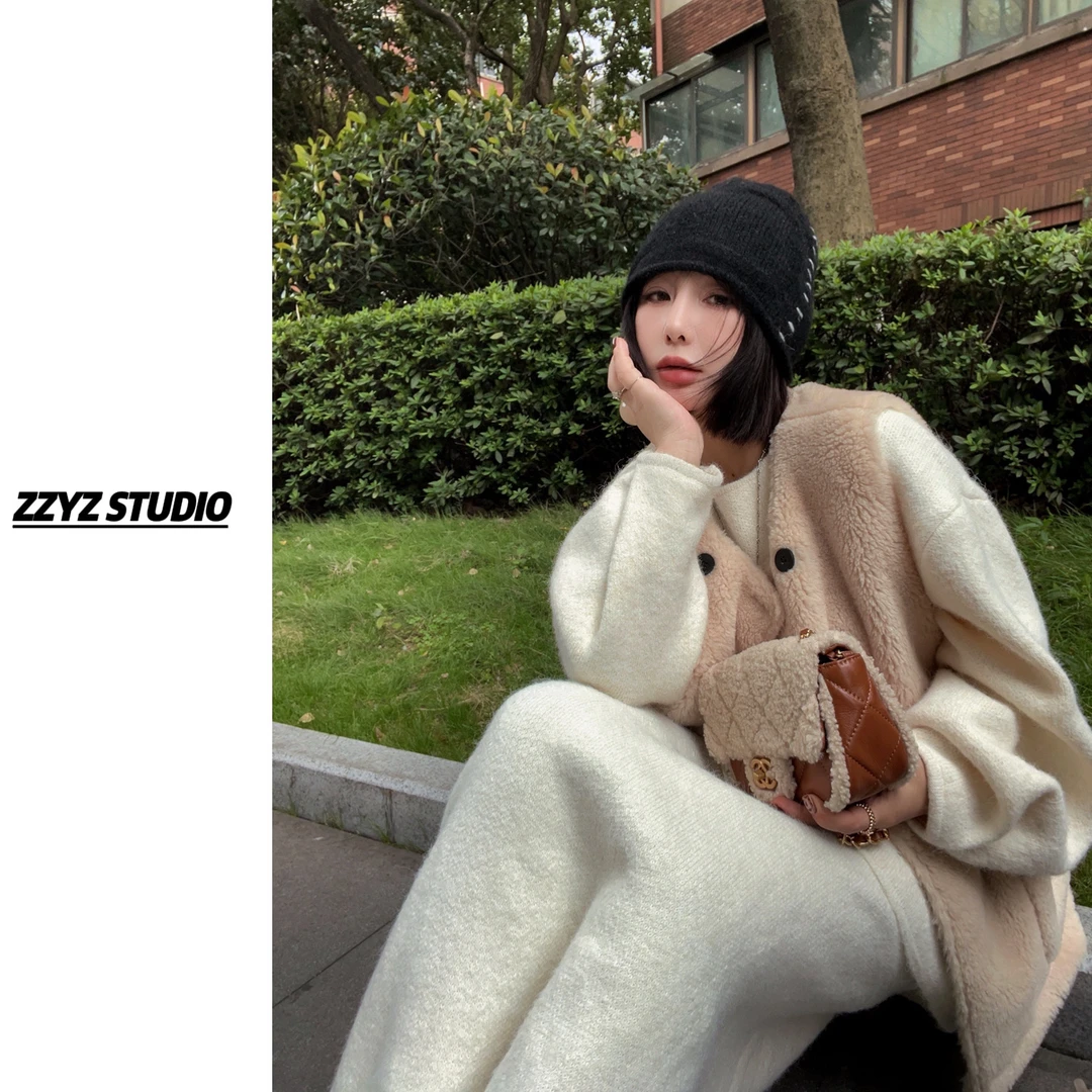 【ZZYZ】“温柔白茶”设计感后背扣子慵懒风宽松套头软糯毛衣＋半身裙