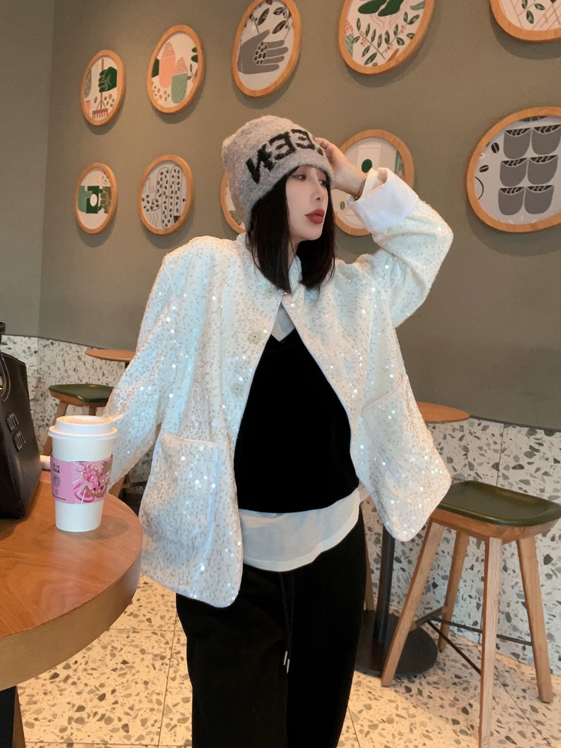 【新中式～月光手书】法式白色亮片外套24年早春高级感气质