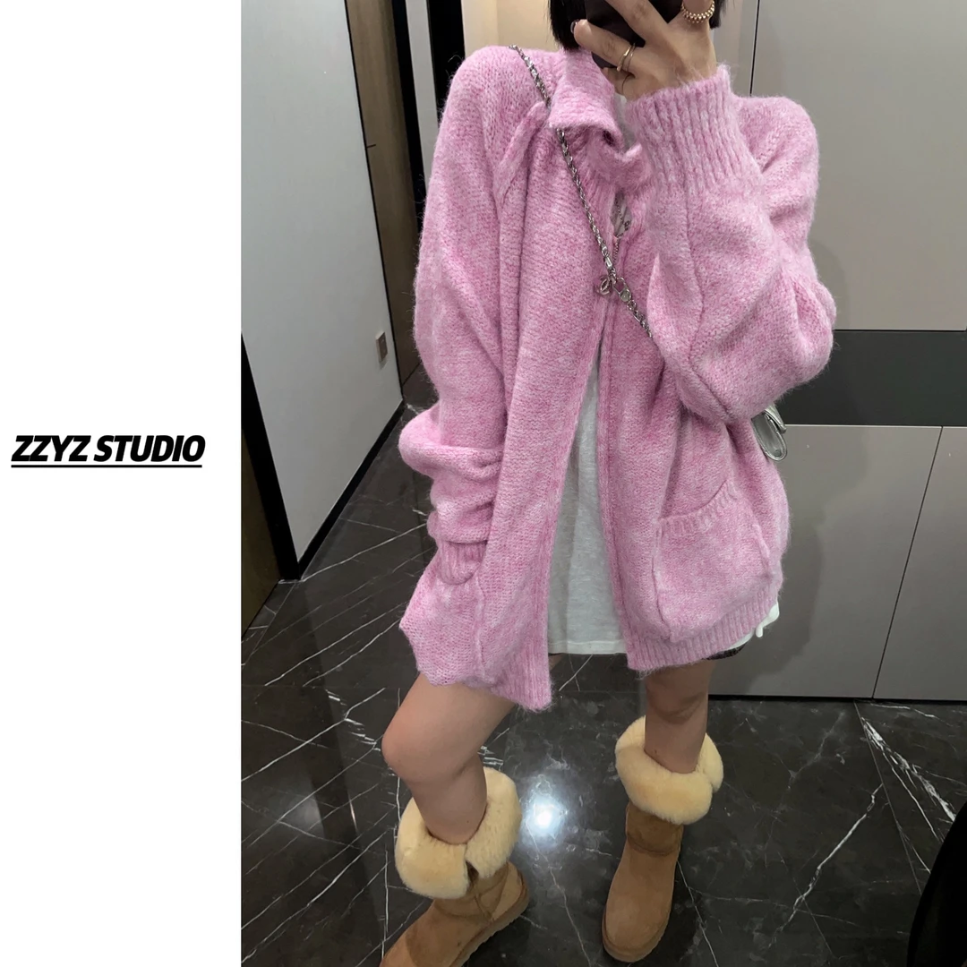 “冬日多巴胺”韩系温柔超好看毛衣气质半高领宽松拉链针织外套