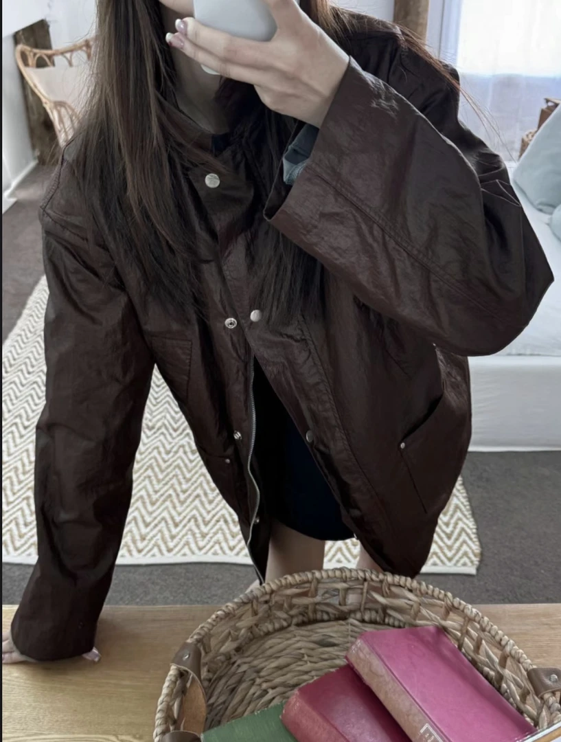 涂层拉链外套复古做旧宽松上衣外套 83852