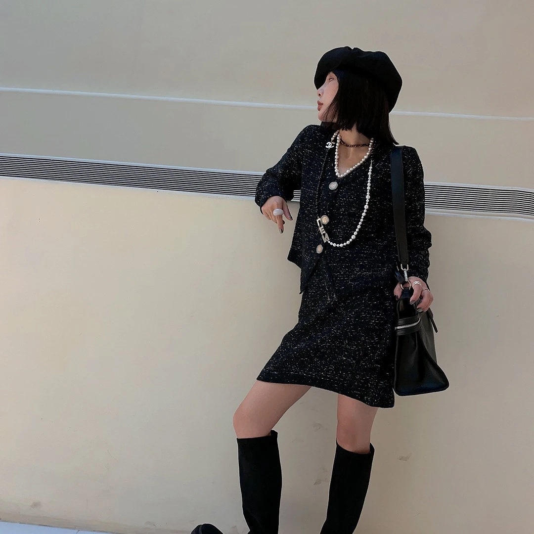 秋装搭配一整套小香风套装绝美小裙子两件套气质粗花呢针织套装裙