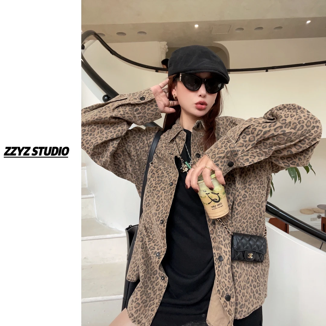 小野猫豹纹 重磅做旧复古摩登感牛仔豹纹外套