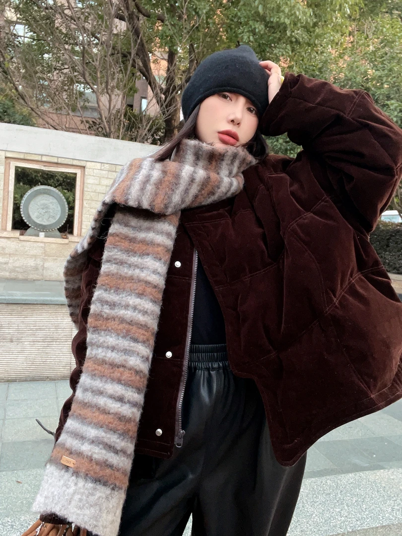 【丝绒复古圆领短款羽绒服女】冬季年l新款洋气宽松加厚白鸭绒外套