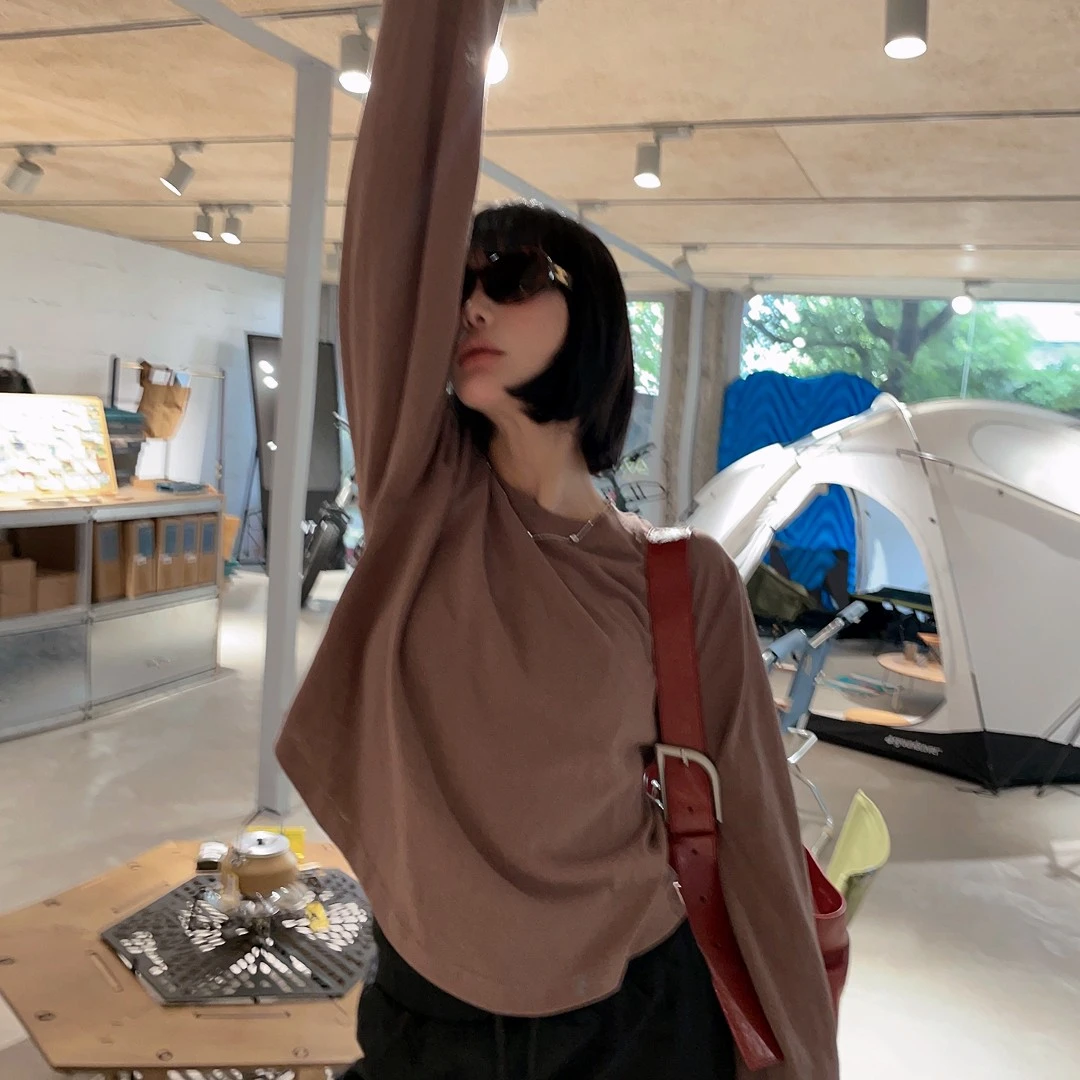 圆领短款罩衫薄款防晒长袖T恤上衣休闲百搭简约经典纯色打底上衣