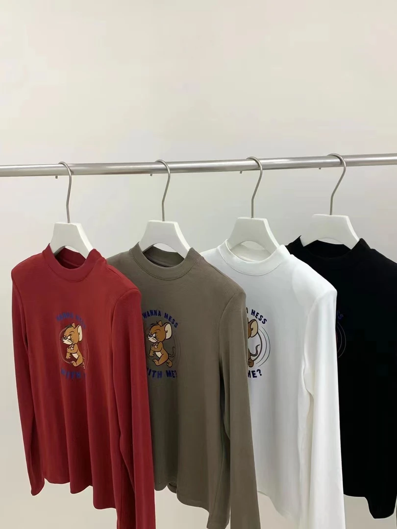 【小老鼠杰瑞三色打底衫】小众设计印花长袖T恤 垫肩可拆卸