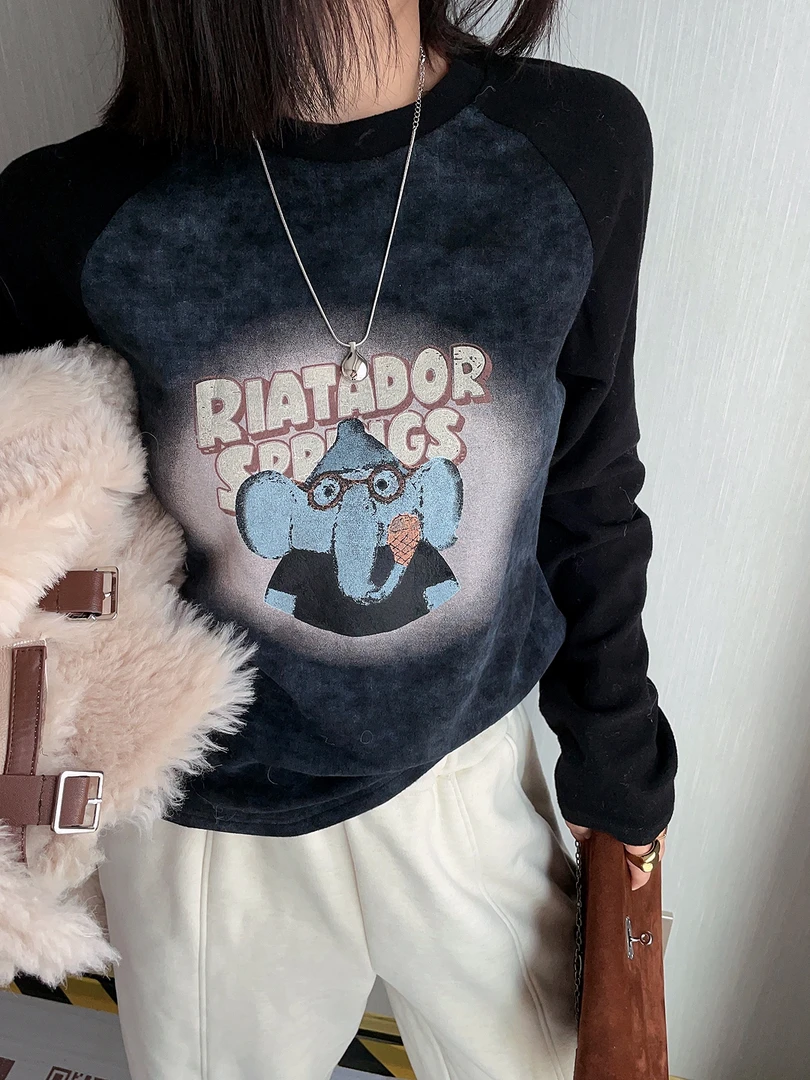 【卡通印花字母拼色插肩袖】T恤女洋气百搭圆领打底衫厚宽松长袖