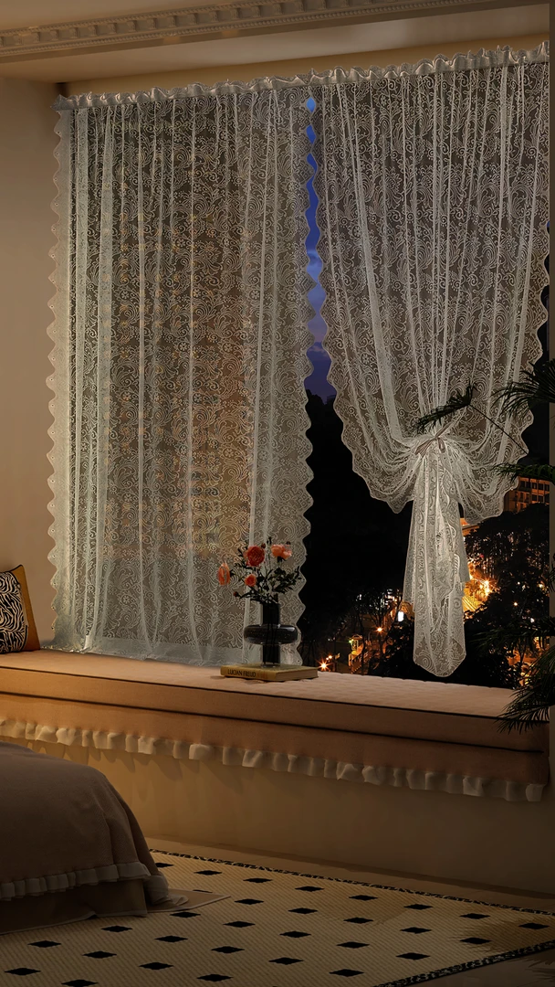 飘窗隔断帘免打孔蕾丝法式仙气凤尾纱帘门帘窗帘