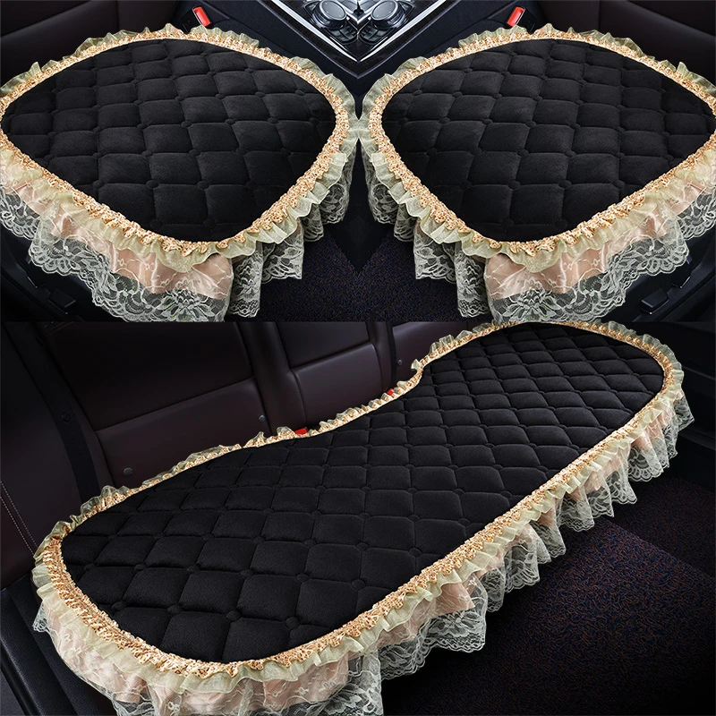 冬季毛绒汽车坐垫蕾丝花边女后排车内座椅垫三件套无靠背保暖加厚