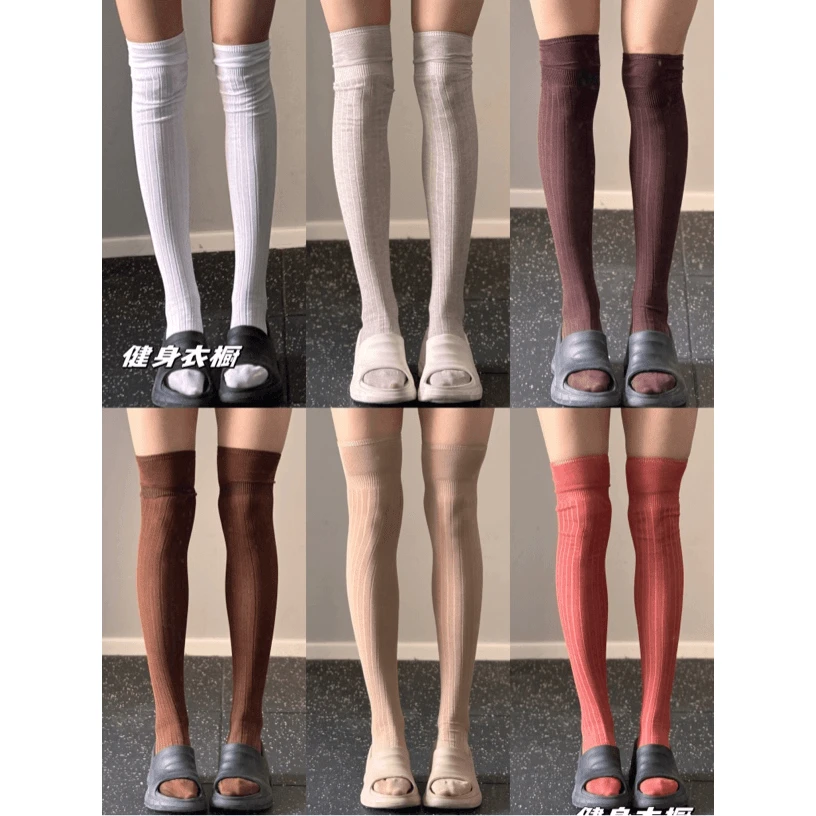 雨芯同款-春夏薄款竖条两段式过膝高筒袜袜子