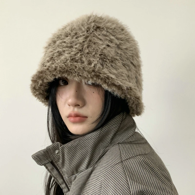 冬季毛绒渔夫帽子女韩版新款时尚保暖仿兔毛帽大头围显脸小盆帽