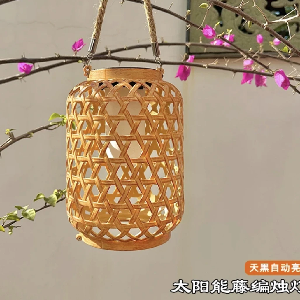 太阳能天黑自动亮灯仿竹编灯笼防雨古风仿古装饰夜灯氛围灯露营复