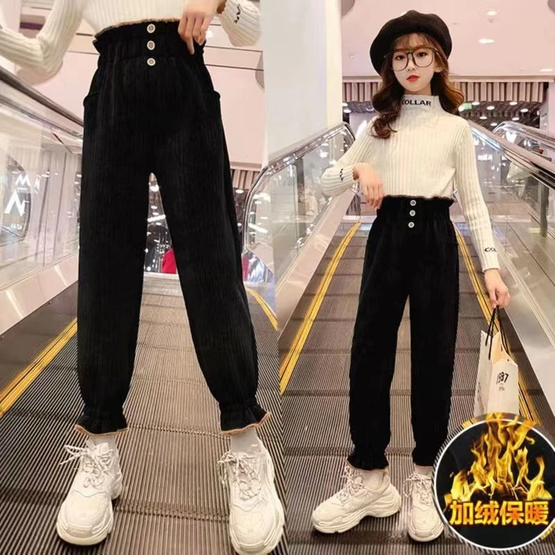 2023新款秋冬弹力一体绒裤男女童复古拖地裤加绒加厚时尚女孩棉裤
