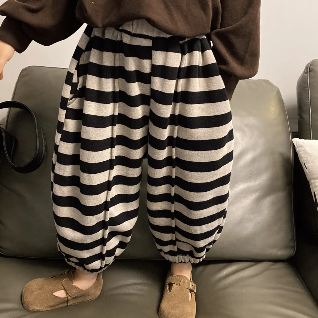 巴拉推荐男女童韩版秋冬2023新款加厚条纹裤中小童宽松裤子儿童休