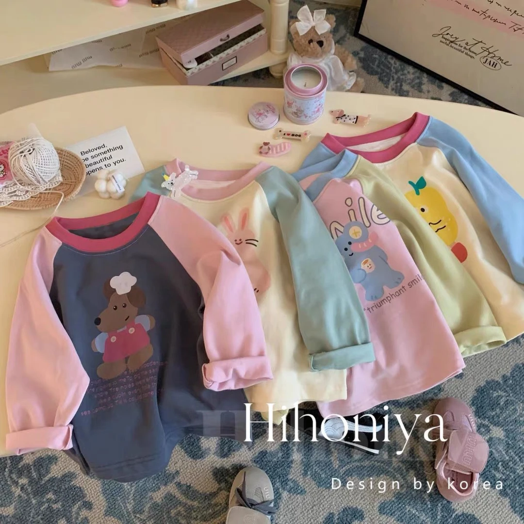 女童秋季纯棉卡通印花长袖T恤宝宝洋气拼色插肩袖韩版洋气打底衫