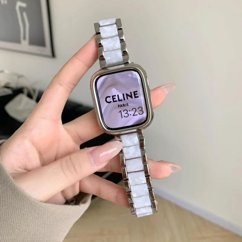 适用iwatch345678新款可可树脂拼接金属表带适用于苹果手表男女