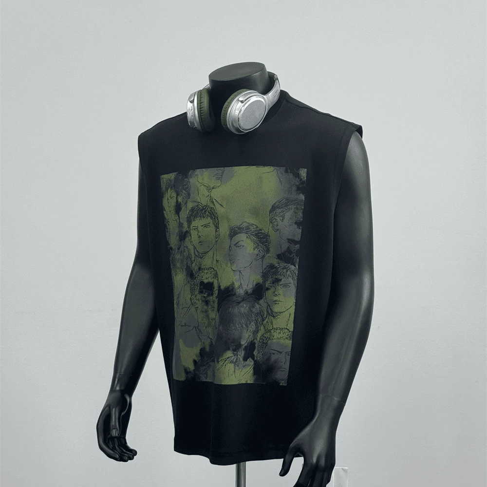 重磅纯棉短袖背心2024夏新款男士潮牌人像印花黑色宽松上衣BX1029