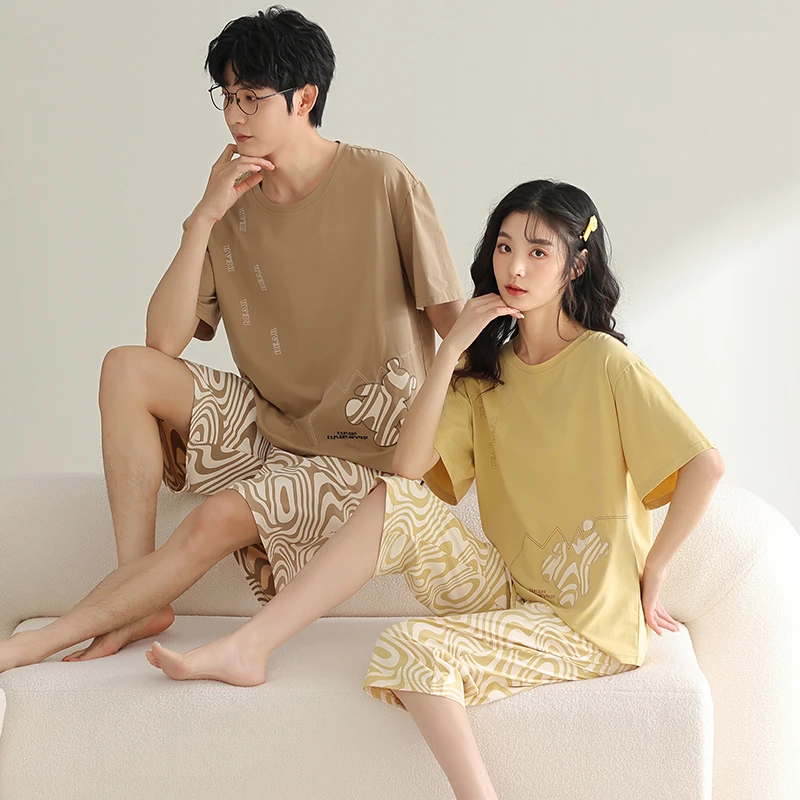 夏季情侣睡衣女爽棉七分裤薄款休闲男士家居服宽松简约圆领短袖