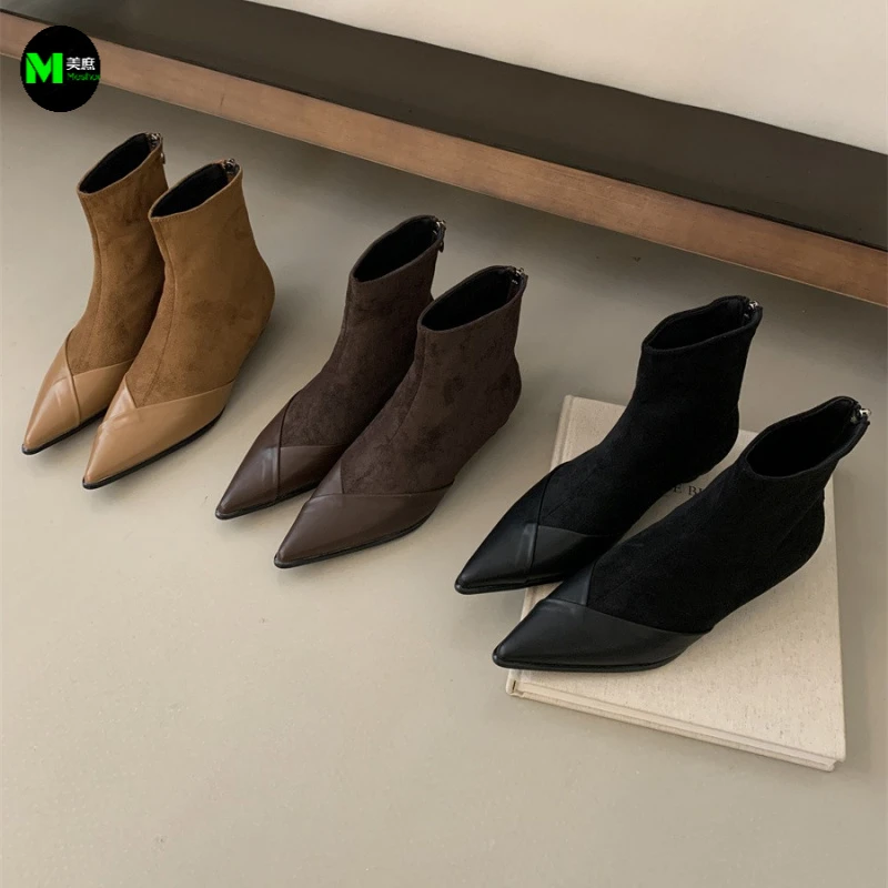 长靴长筒靴子拼接面低跟百搭网红时尚高跟绒面瘦瘦靴中跟时装靴