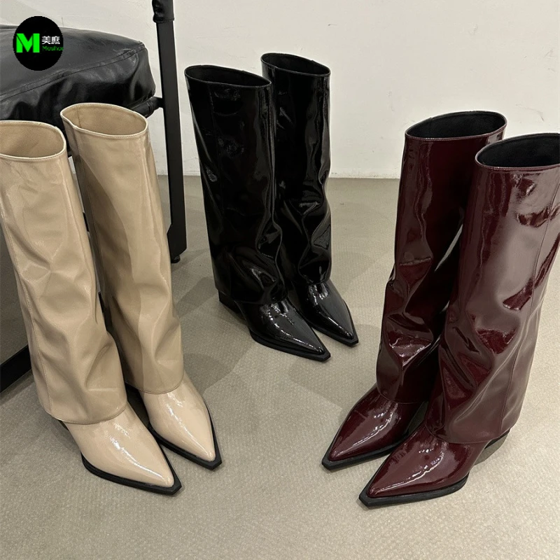骑士靴长筒堆堆靴秋冬长靴女网红尖头高筒靴子不粗跟长时尚鞋女靴
