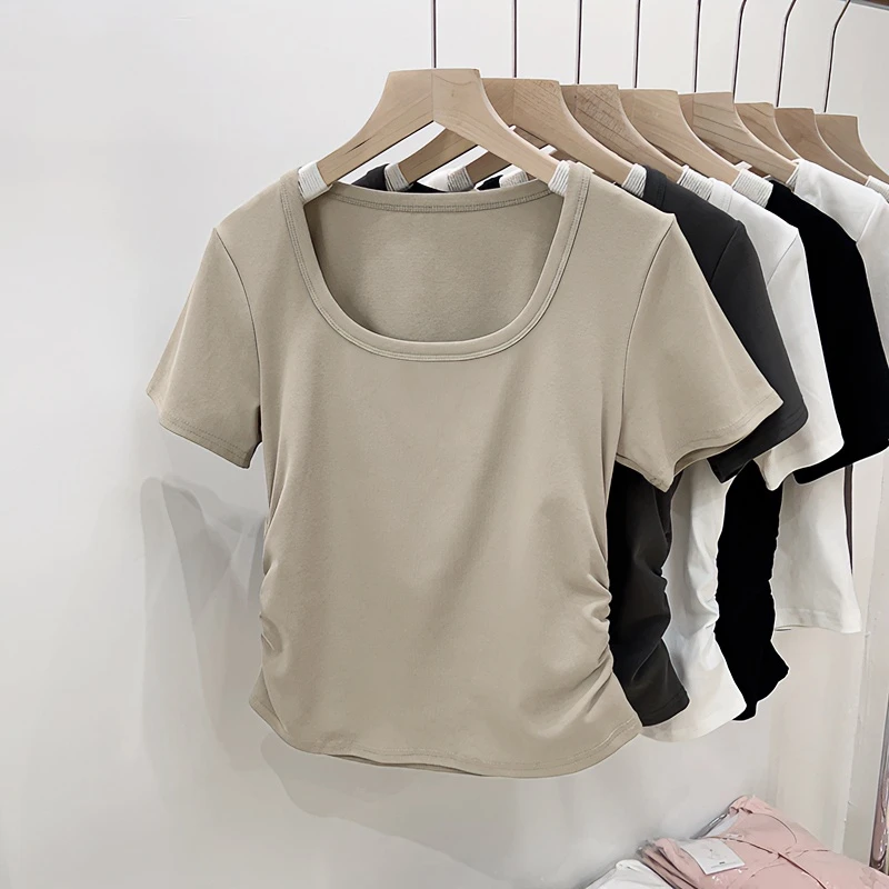 设计感收腰显瘦圆领正肩短袖女上衣夏季小众辣妹修身高腰抽褶t恤