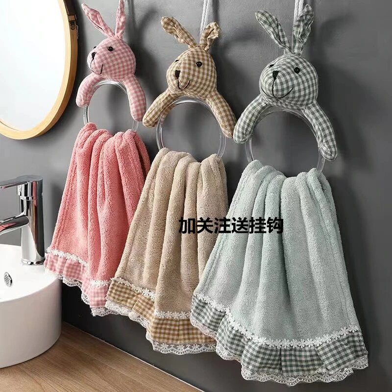 不掉毛超强吸水卫生间厨房家用小兔子擦手巾加厚款珊瑚绒挂壁毛巾